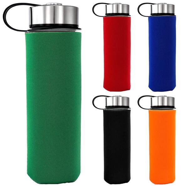 Metal Lanyard Lid Frosted Glass Sleeve Water Bottle, 22oz.