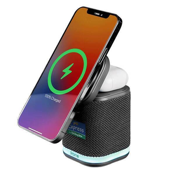 iHome® Dual Wireless Charging Stand w/ Bluetooth Speaker