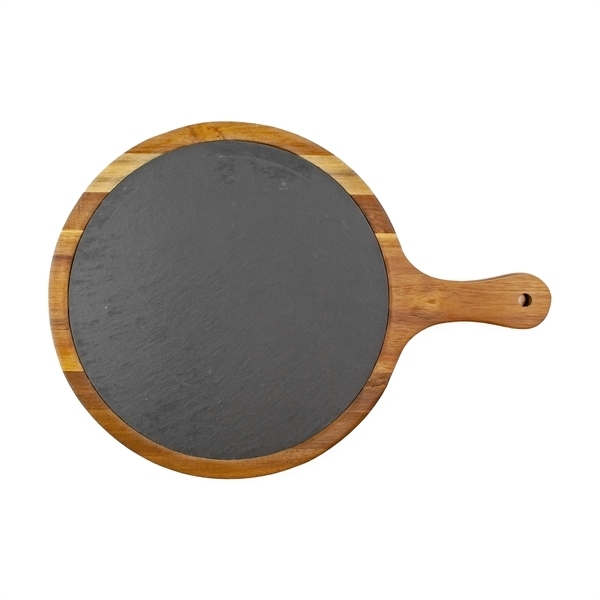 Large Flair Round Acacia Wood/ Slate Serving Board with Hand