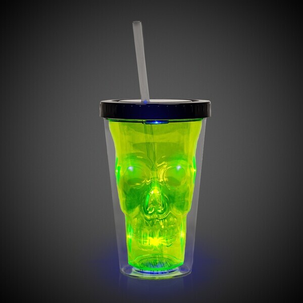 Neon LED Skull Plastic Tumbler & Straw, 16oz.