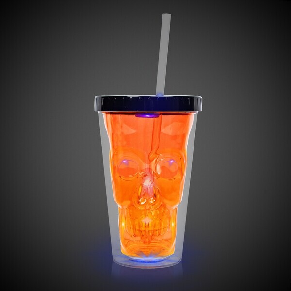 Neon LED Skull Plastic Tumbler & Straw, 16oz.