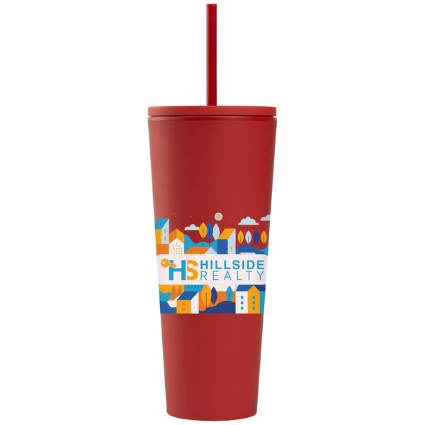 Spire Soft Touch Double Wall Recycled Plastic Tumbler w/ Straw, Full Color, 24oz.