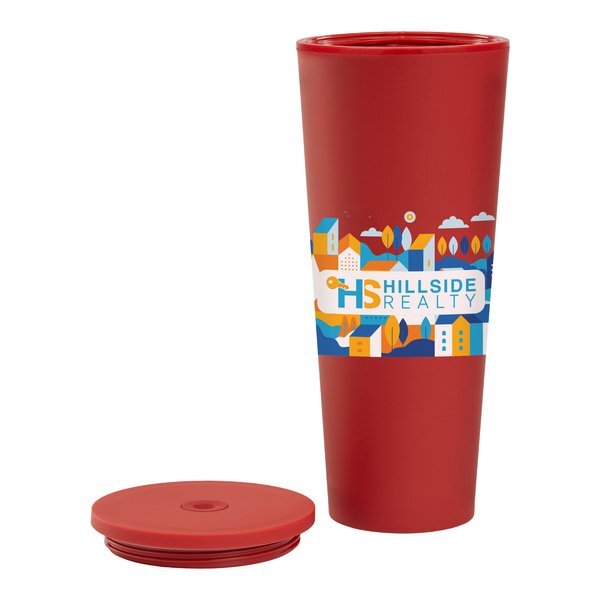 Spire Soft Touch Double Wall Recycled Plastic Tumbler w/ Straw, Full Color, 24oz.