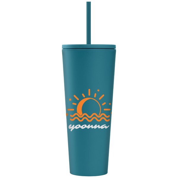 Spire Soft Touch Double Wall Recycled Plastic Tumbler w/ Straw, Full Color, 24oz.