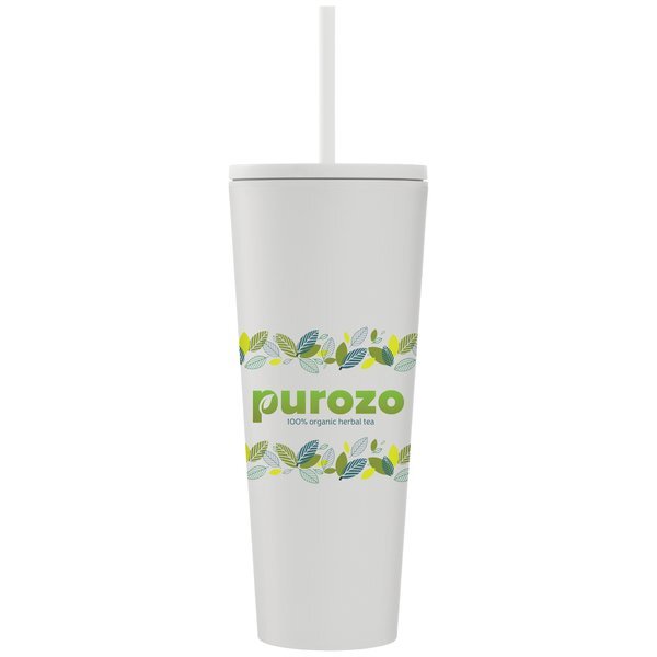 Spire Soft Touch Double Wall Recycled Plastic Tumbler w/ Straw, Full Color, 24oz.