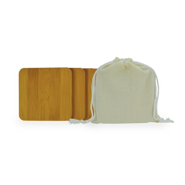 Bamboo Four Coaster Set in Linen Bag