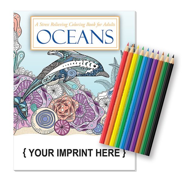 Oceans Stress Relief Adult Coloring Book w/ Colored Pencils Relax Pack Set