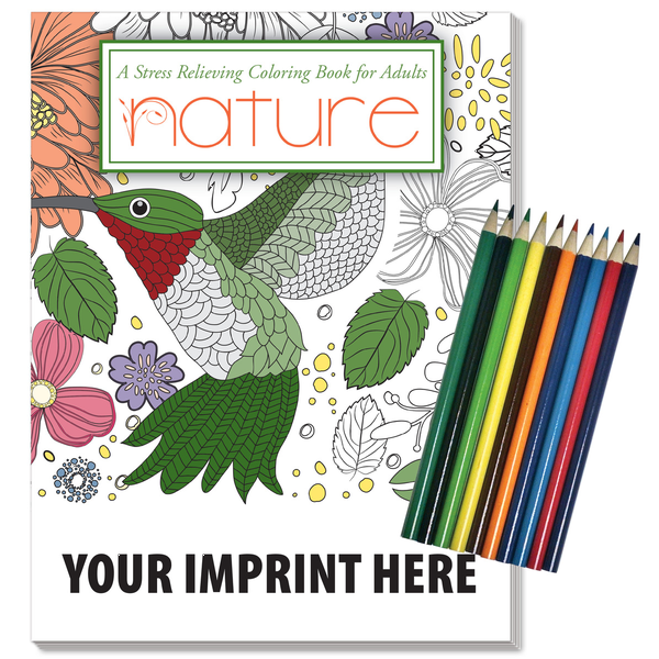 Nature Stress Relief Adult Coloring Book w/ Colored Pencils Relax Pack Set