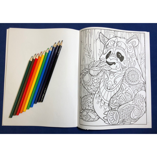 Animals Stress Relief Adult Coloring Book w/ Colored Pencils Relax Pack Set