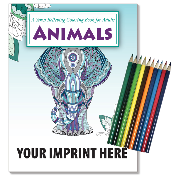 Animals Stress Relief Adult Coloring Book w/ Colored Pencils Relax Pack Set