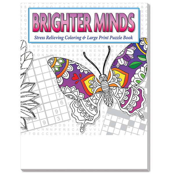 Brighter Minds Stress Relief Adult Coloring & Large Print Puzzle Book Combo w/ Colored Pencils Relax Pack Set