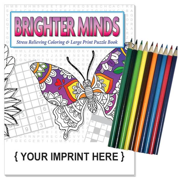 Brighter Minds Stress Relief Adult Coloring & Large Print Puzzle Book Combo w/ Colored Pencils Relax Pack Set