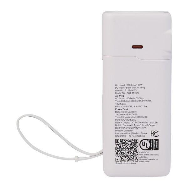 UL Listed 20W PD Power Bank w/ AC Plug, 10000mAh