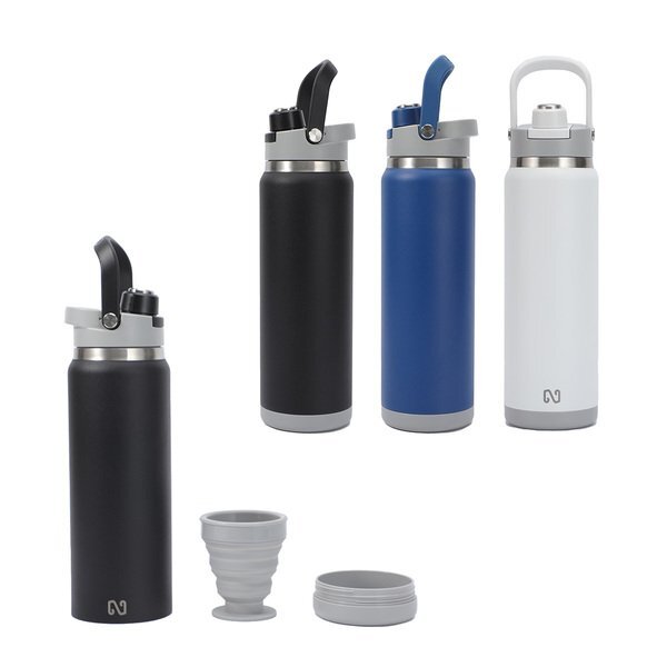 NAYAD® Crusade Stainless Steel Double Wall Bottle w/ Foldable Handle & Hidden Cup, 28oz.