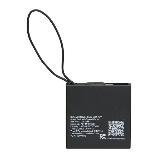 Recycled Power Bank w/ Type-C Cable, 2000mAh