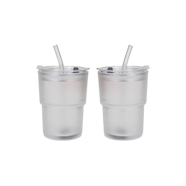 Shortie Frosted Glass Tumbler w/ Straw, 14.5oz.