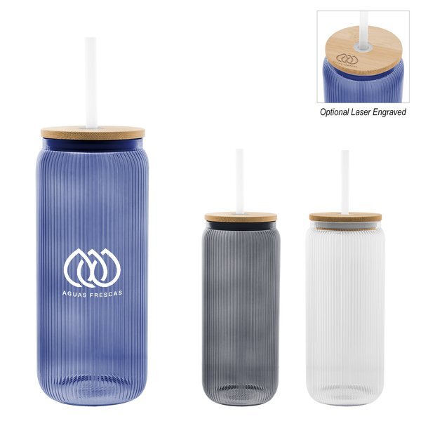 Ribbed Borosilicate Glass Can w/ Bamboo Lid, 20oz.