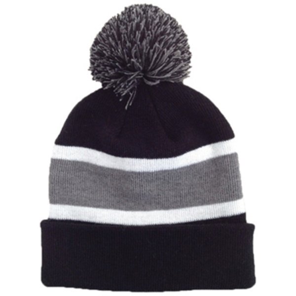 Striped Knit Beanie with Pom Top