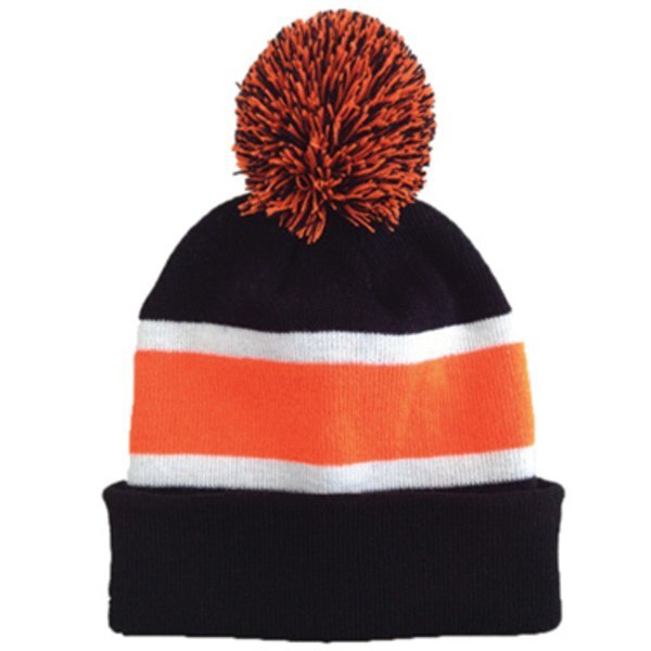 Striped Knit Beanie with Pom Top