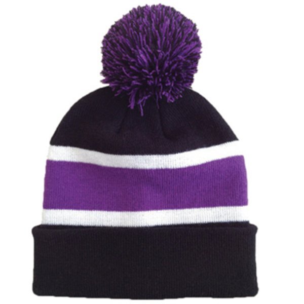 Striped Knit Beanie with Pom Top