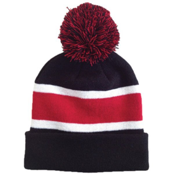 Striped Knit Beanie with Pom Top