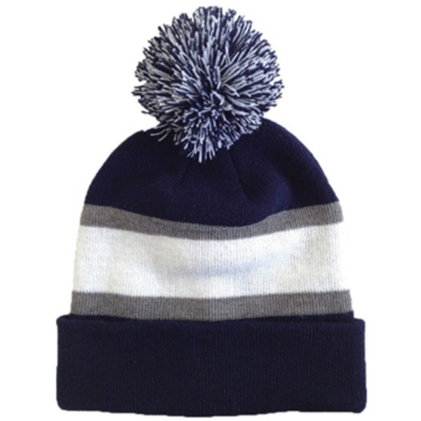 Striped Knit Beanie with Pom Top