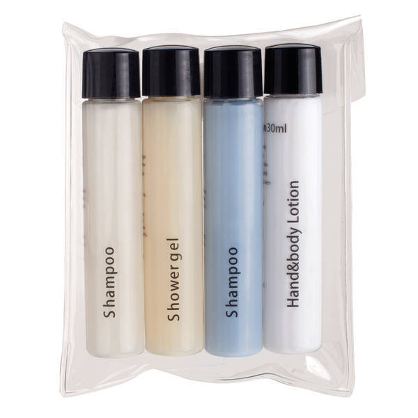 Travel Amenities Kit with Shampoo, Conditioner, Shower Gel and Lotion