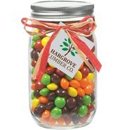Raffia Bow Glass Mason Jar with Skittles®, 16oz.