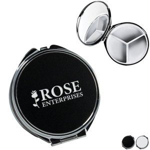 Round Metal Pill Box w/ Mirror, Three Compartment