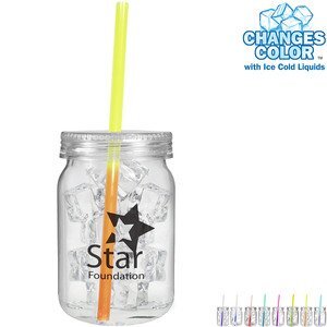 Plastic Mason Jar w/ Mood Color Changing Straw, 24oz.