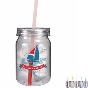 Plastic Mason Jar w/ Mood Color Changing Straw, 24oz. w/ Full Color Imprint