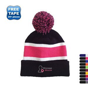 Striped Knit Beanie with Pom Top