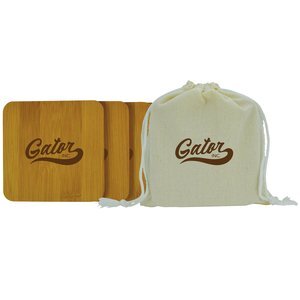 Bamboo Four Coaster Set in Linen Bag