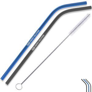 Colorful Bent Stainless Steel 2-Piece Straw Set w/ Cleaning Brush