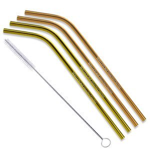 3pcs Stainless Steel Straw With 1pc Brush, Gold Thick Plain Straw Set For  Household