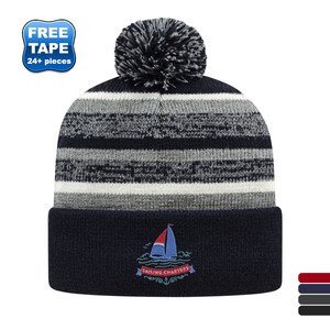 Alternating Stripe Fleece Lined Knit Beanie with Pom