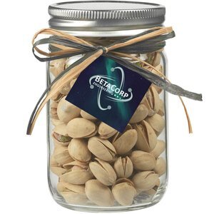 Raffia Bow Glass Mason Jar with Pistachios, 12oz.