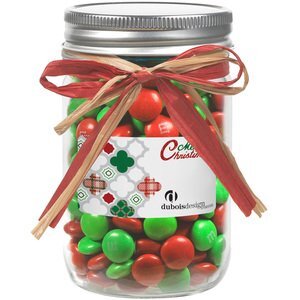 Raffia Bow Glass Mason Jar with Holiday M&M's®, 12oz.