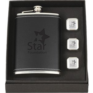 Flask & Whiskey Cube Leatherette Set
