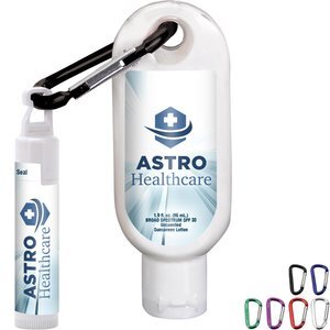 Sunscreen SPF 30 with Carabiner and SPF 15 Lip Balm in White Tube with Hook Cap, 1.9 oz