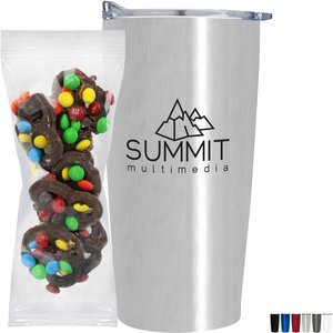 Milk Chocolate Pretzels w/ Mini M&M's in Vacuum Sealed Wall Tumbler Gift Set 20 oz.