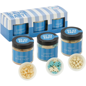 White Chocolate Gummy Bears, Sugar Cookie Bites, Gummy Snowflakes in Candy Jar Sets, 3 Way