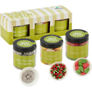 Dark Chocolate Nonpareils, Holiday Candy Corn, Gummy Holiday Trees in Candy Jar Sets, 3 Way