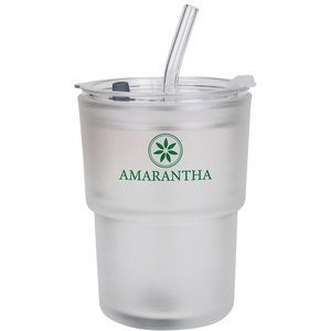 Shortie Frosted Glass Tumbler w/ Straw, 14.5oz.