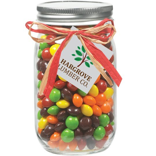 Raffia Bow Glass Mason Jar with Skittles®, 16oz. Promotions Now