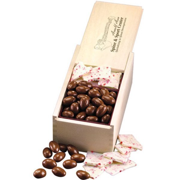 Peppermint Bark & Milk Chocolate Almonds in Wooden Collector's Box