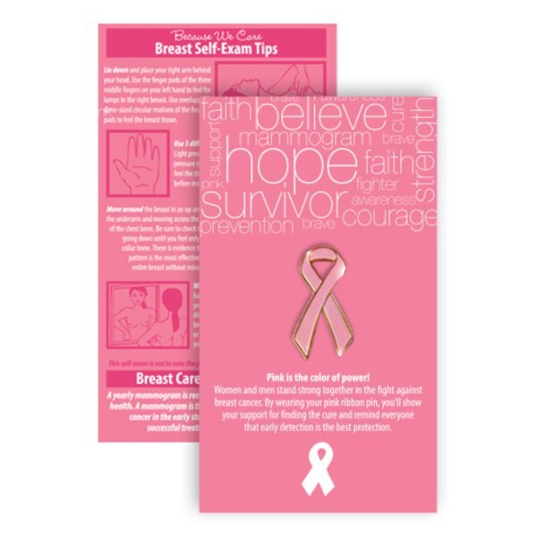 Pink Ribbon Pin on Affirmation Word Cloud Card, Stock