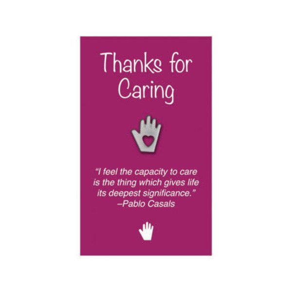 Heart in Hand Lapel Pin on "Thanks for Caring" Appreciation Card, Stock - Closeout!