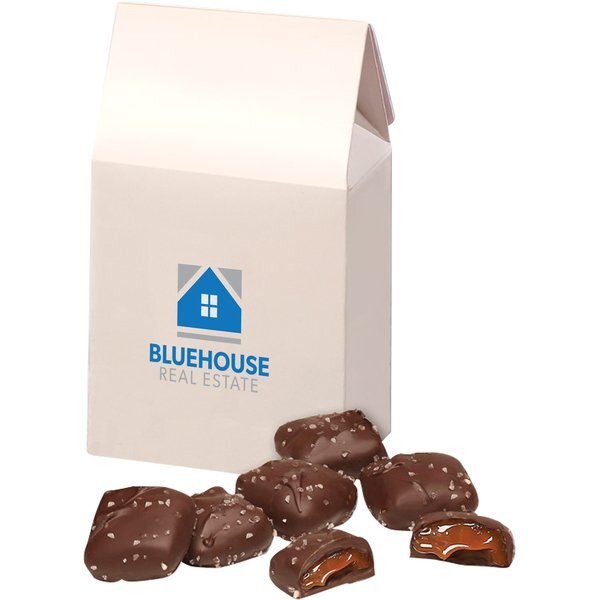 Chocolate Sea Salt Caramels in White Gable Top Gift Box