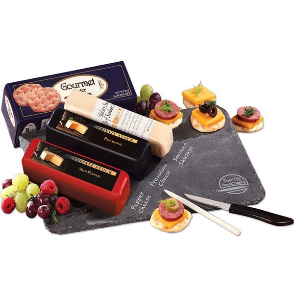 Genuine Slate Serving Plate with Wisconsin Cheese & Sausage Gift Set